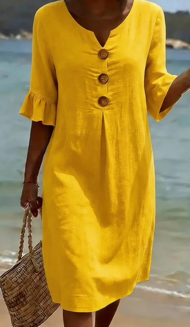 MIRELLA™ | Vestido con textura de lino con manga abullonada y botones