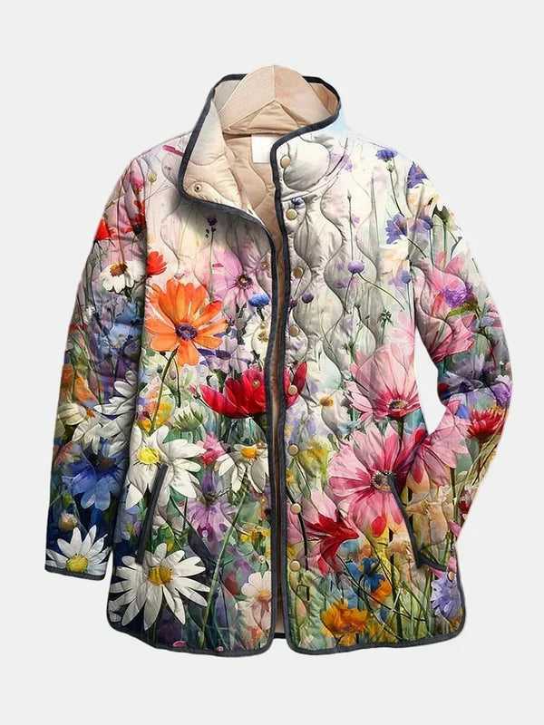 Chaqueta acolchada floral vintage multicolor con botones y cuello alto beige