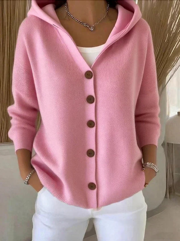 Cárdigan de punto con capucha rosa y botones al frente, manga larga