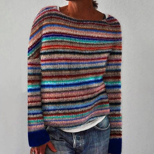 Suéter de punto a rayas multicolor, cuello redondo y manga larga