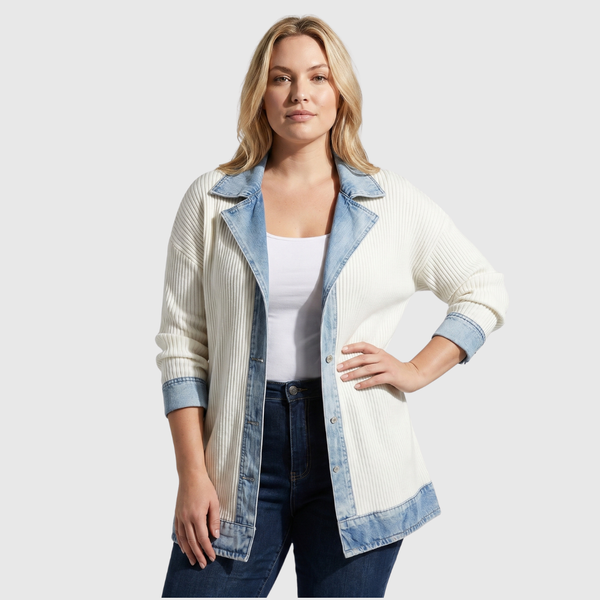 Chaqueta denim relajada con paneles de canalé en tono crema y solapas de mezclilla
