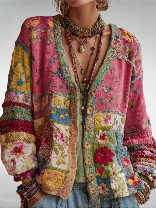 Cárdigan de punto boho multicolor con botones y motivos florales