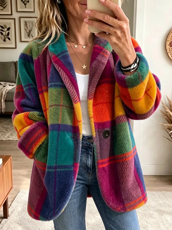 Abrigo de cuadros multicolor con botones y solapa, manga larga, estilo oversize