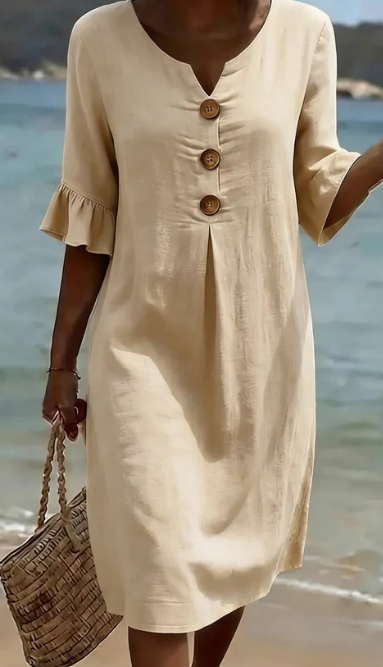 MIRELLA™ | Vestido con textura de lino con manga abullonada y botones