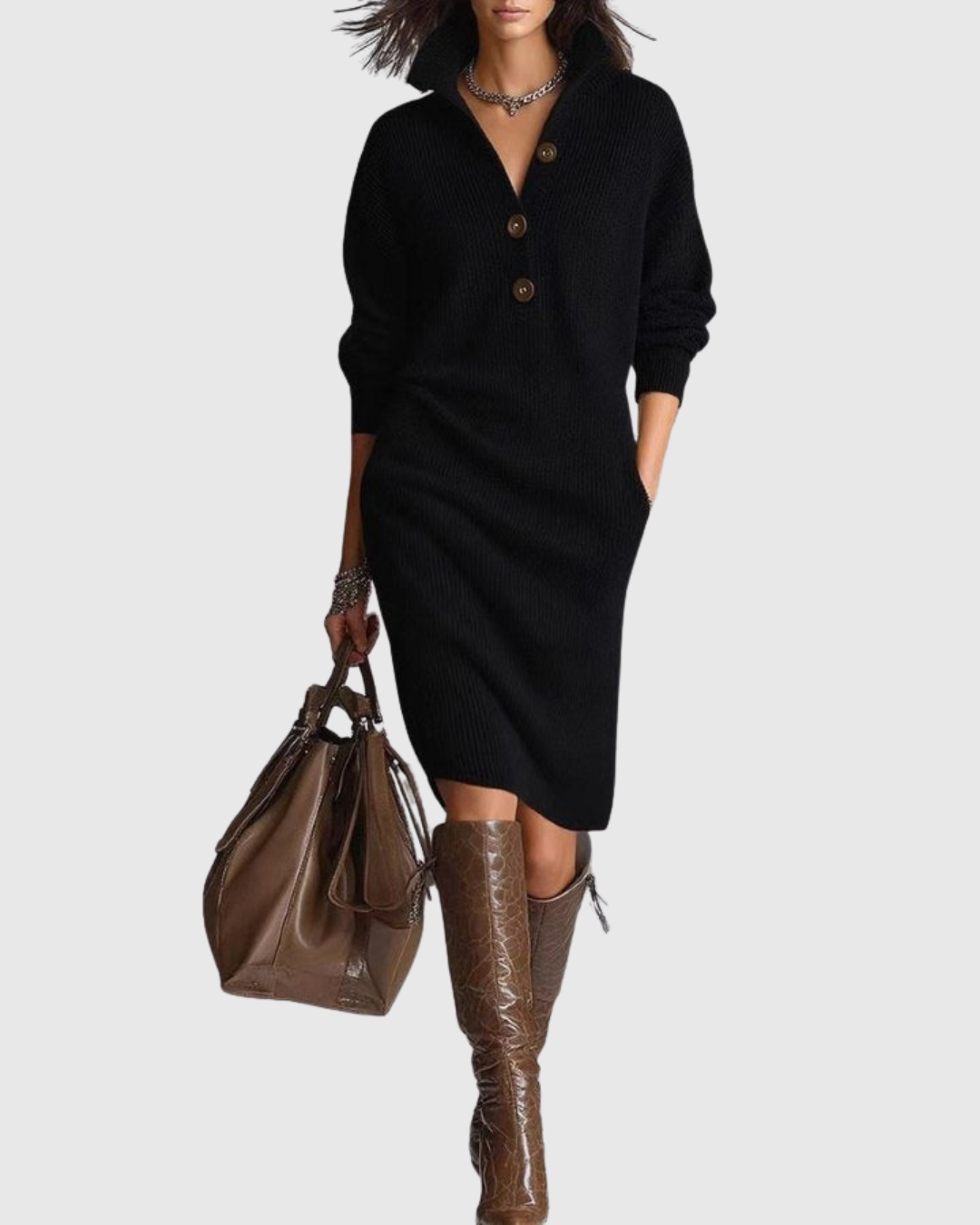 MIRANDA™ Elegancia sin límites: Vestido midi de punto para brillar