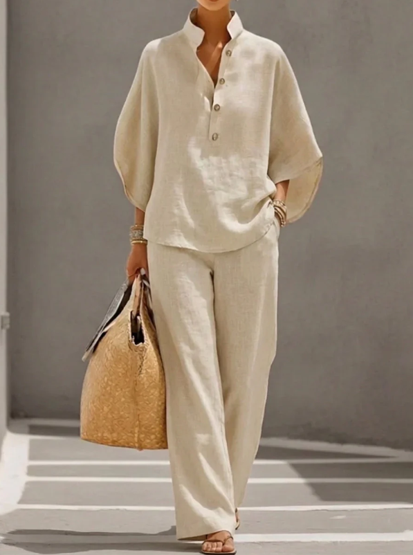 ANNA™ Conjunto de lino con mangas murciélago y pantalón ancho