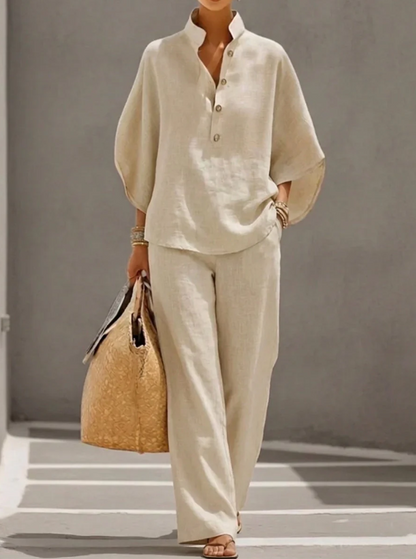 ANNA™ Conjunto de lino con mangas murciélago y pantalón ancho