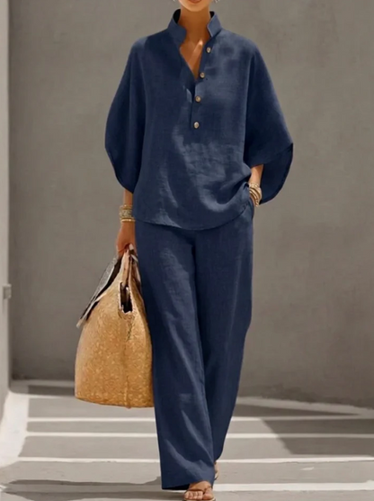 ANNA™ Conjunto de lino con mangas murciélago y pantalón ancho