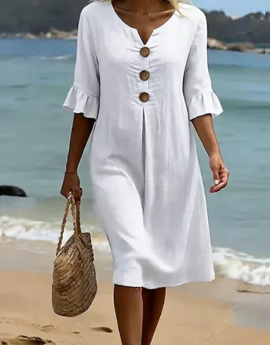 MIRELLA™ | Vestido con textura de lino con manga abullonada y botones