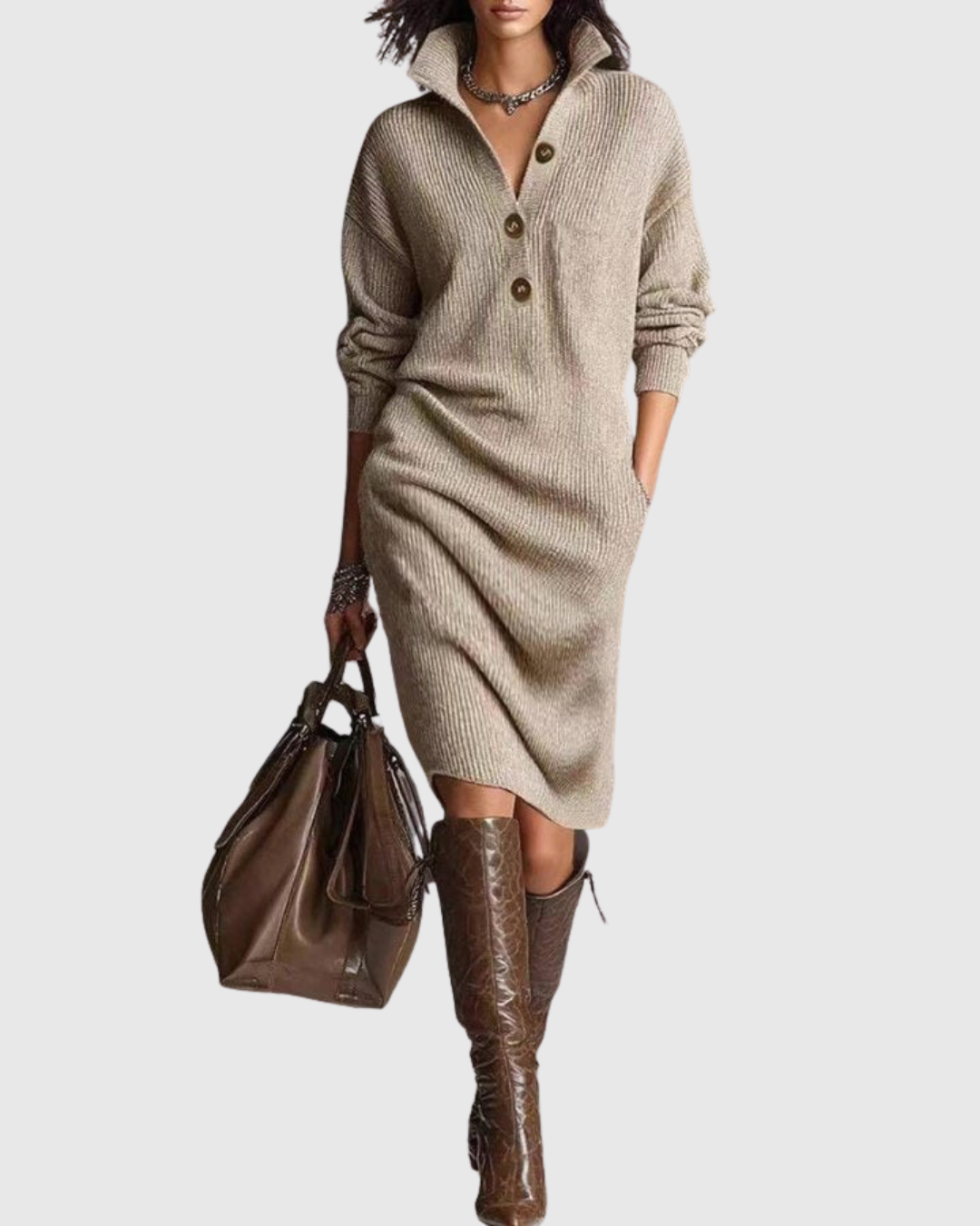 MIRANDA™ Elegancia sin límites: Vestido midi de punto para brillar