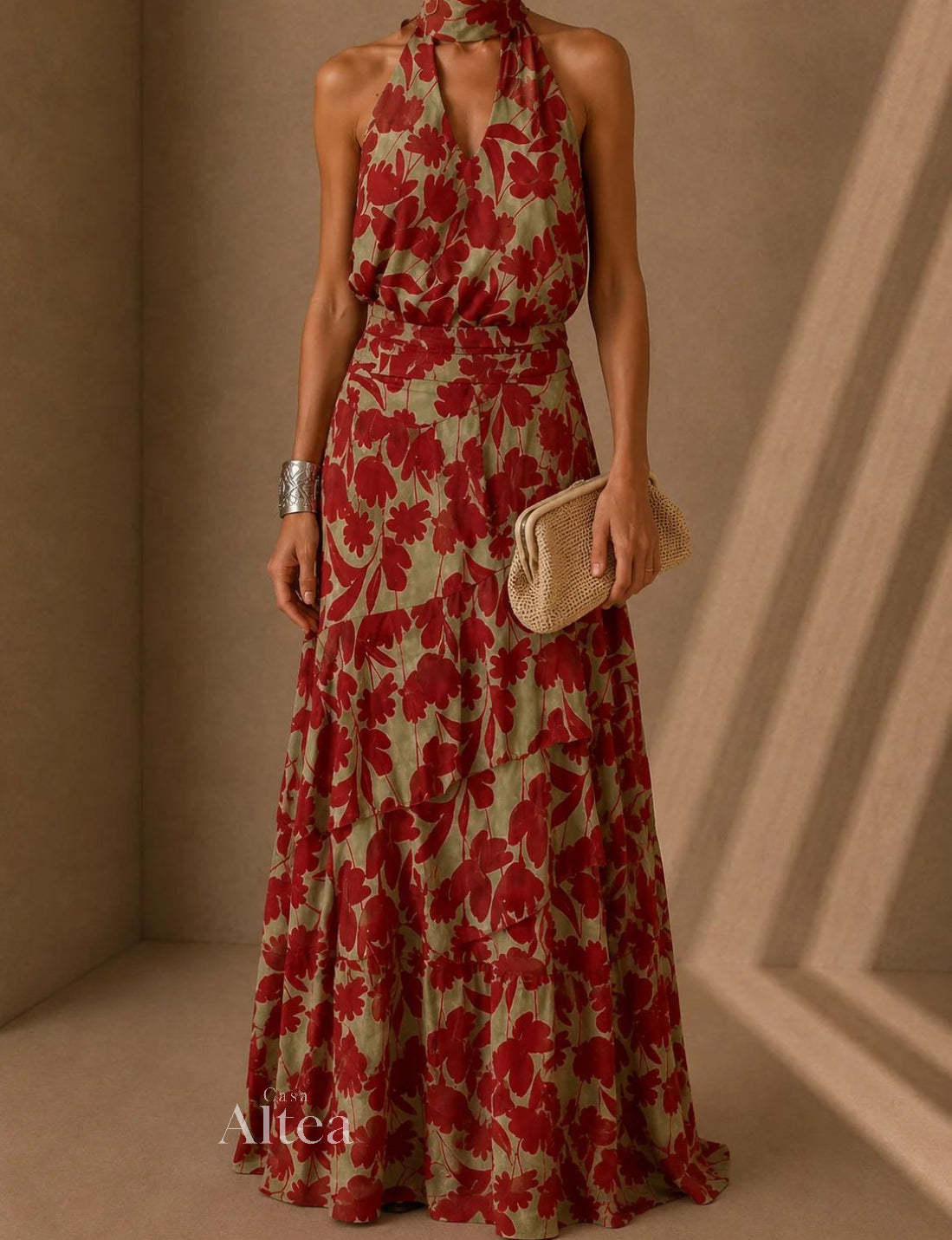 Nerea Conjunto Floral con Top Halter y Falda Maxi