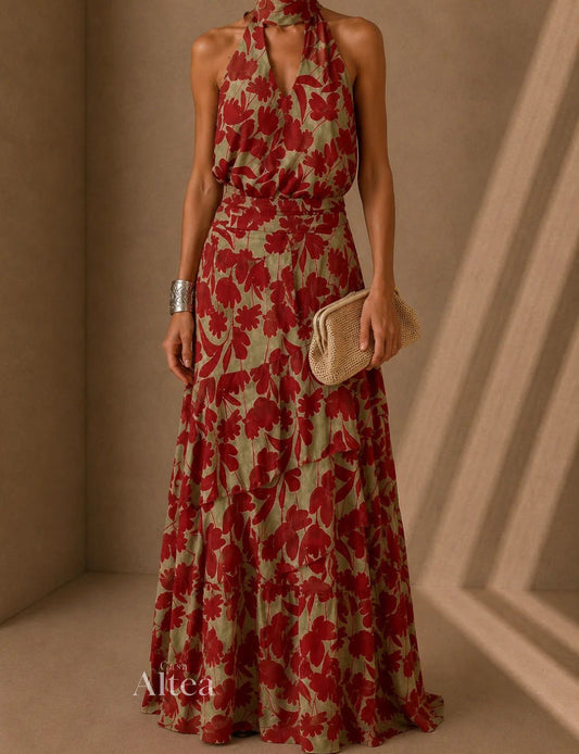 Nerea Conjunto Floral con Top Halter y Falda Maxi