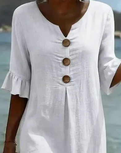MIRELLA™ | Vestido con textura de lino con manga abullonada y botones