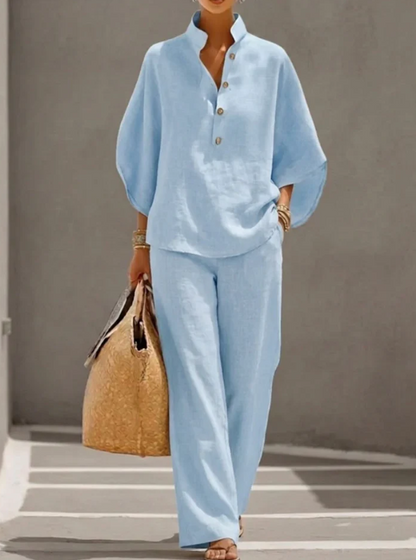 ANNA™ Conjunto de lino con mangas murciélago y pantalón ancho