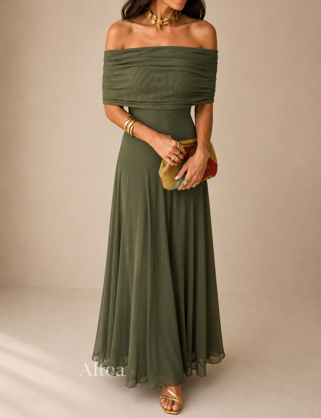 Estefanía Vestido Maxi de Hombros Descubiertos con Aberturas