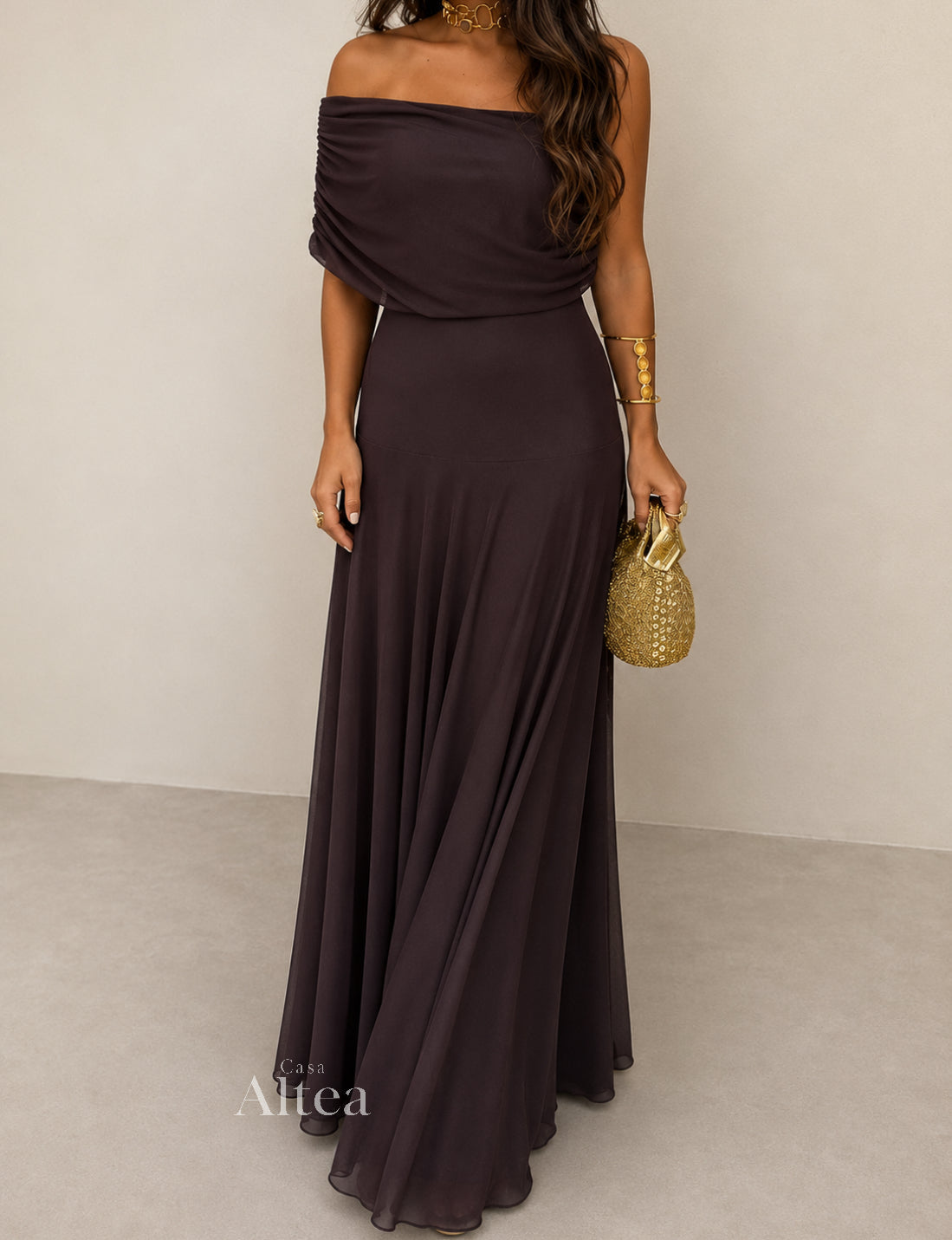 Estefanía Vestido Maxi de Hombros Descubiertos con Aberturas