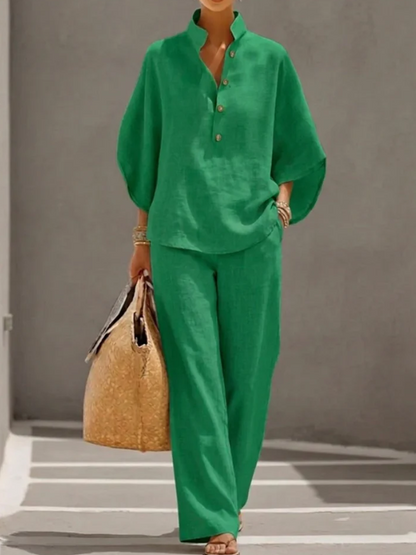 ANNA™ Conjunto de lino con mangas murciélago y pantalón ancho