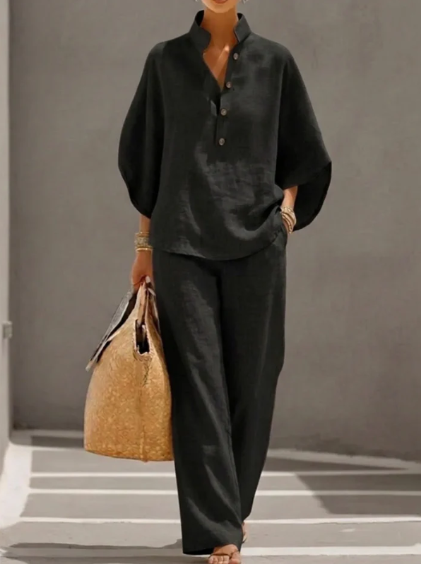 ANNA™ Conjunto de lino con mangas murciélago y pantalón ancho