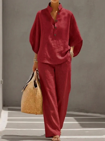 ANNA™ Conjunto de lino con mangas murciélago y pantalón ancho