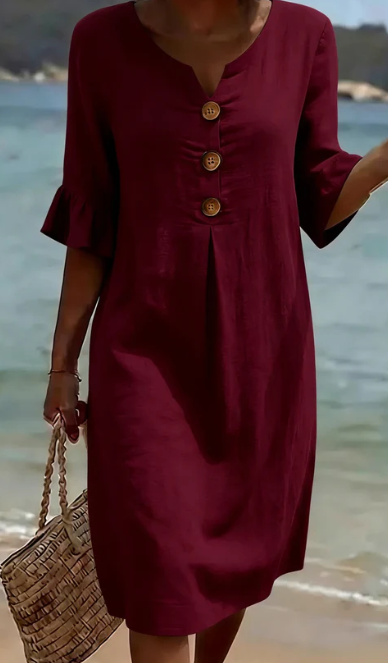 MIRELLA™ | Vestido con textura de lino con manga abullonada y botones