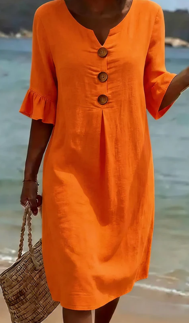 MIRELLA™ | Vestido con textura de lino con manga abullonada y botones