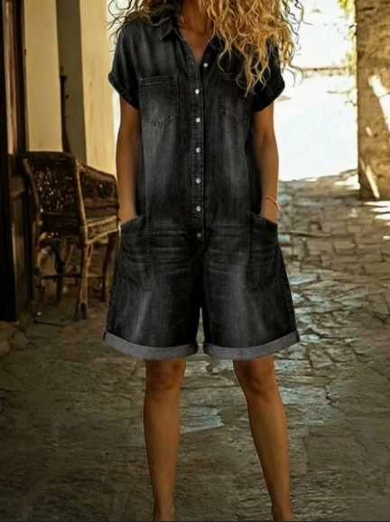 CLAUDIA™ Denim Divino con Cuello y Mangas Cortas