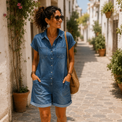 CLAUDIA™ Denim Divino con Cuello y Mangas Cortas