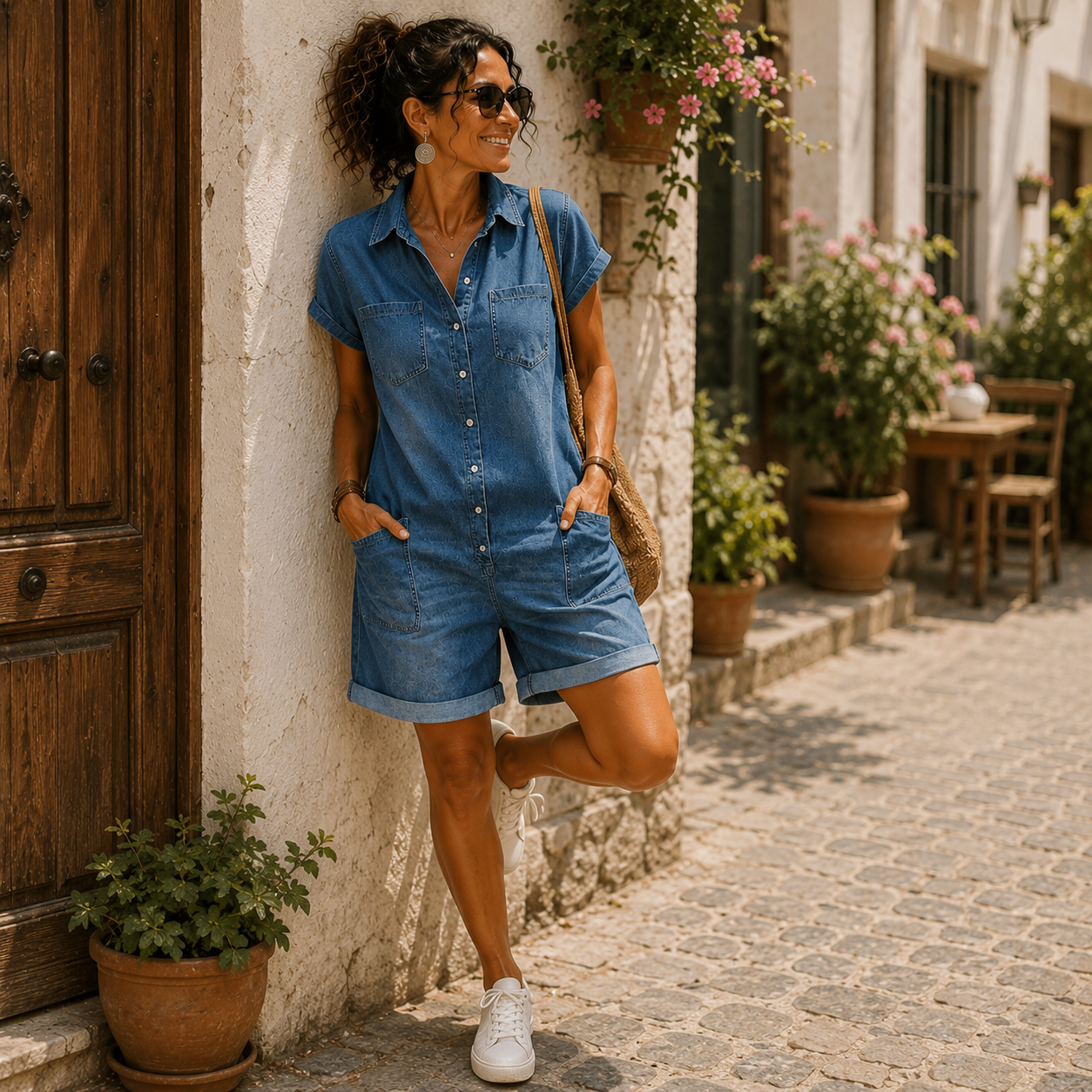 CLAUDIA™ Denim Divino con Cuello y Mangas Cortas
