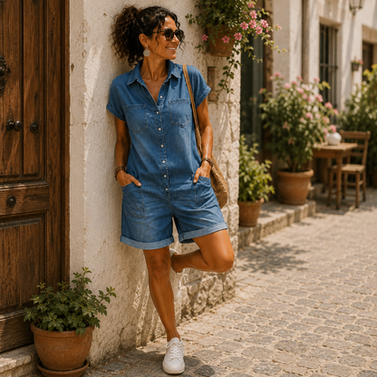 CLAUDIA™ Denim Divino con Cuello y Mangas Cortas