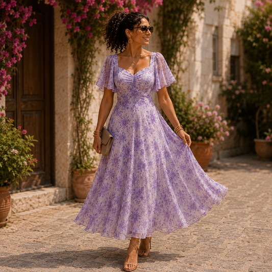 NOELIA™ Romance en Malva | Vestido Midi de Vuelo