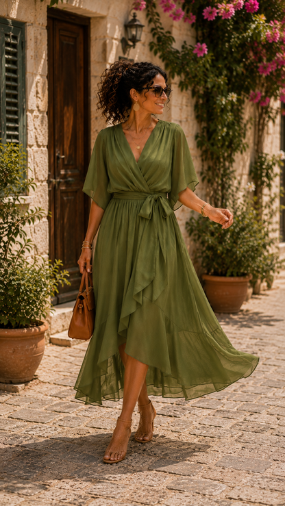 EMILIA™ Verde que te Quiero | Vestido Midi Drapeado