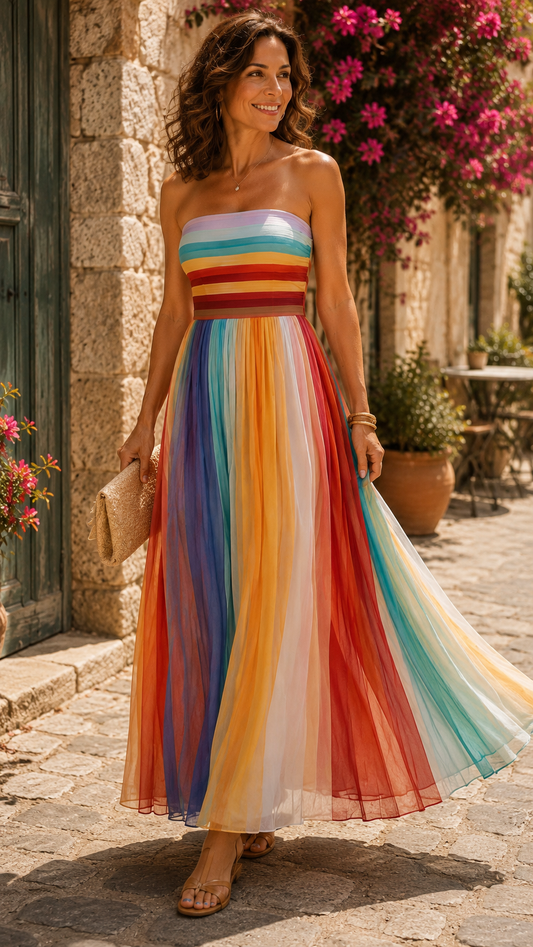 SHEILA™ Rayas que Enamoran | Vestido Maxi Plisado