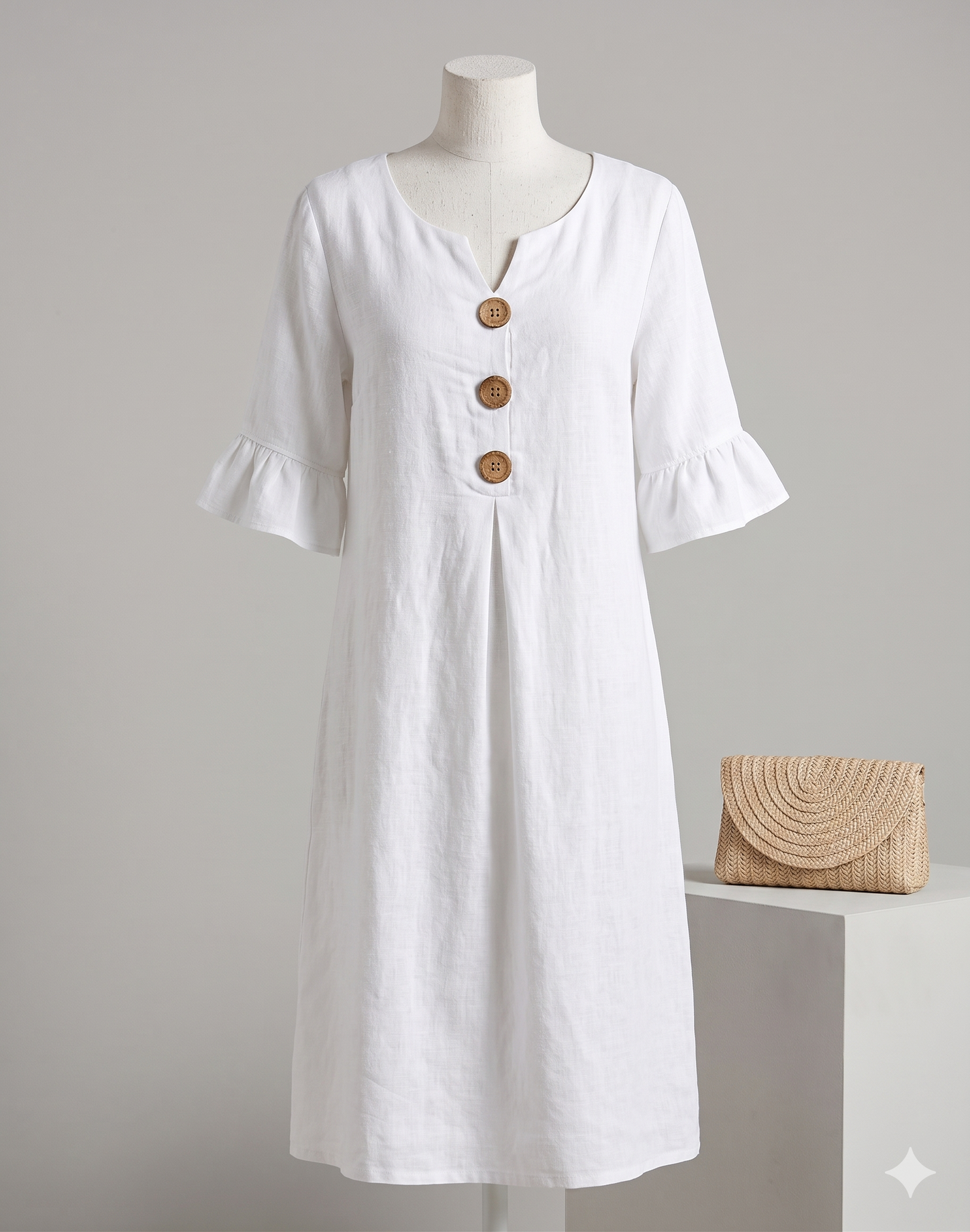 MIRELLA™ | Vestido con textura de lino con manga abullonada y botones