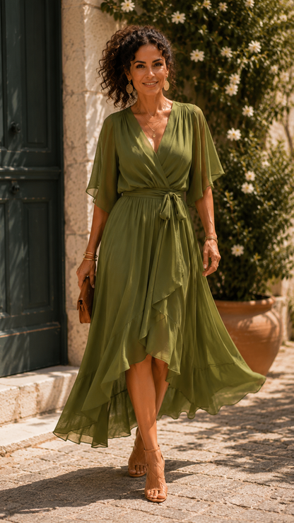 EMILIA™ Verde que te Quiero | Vestido Midi Drapeado