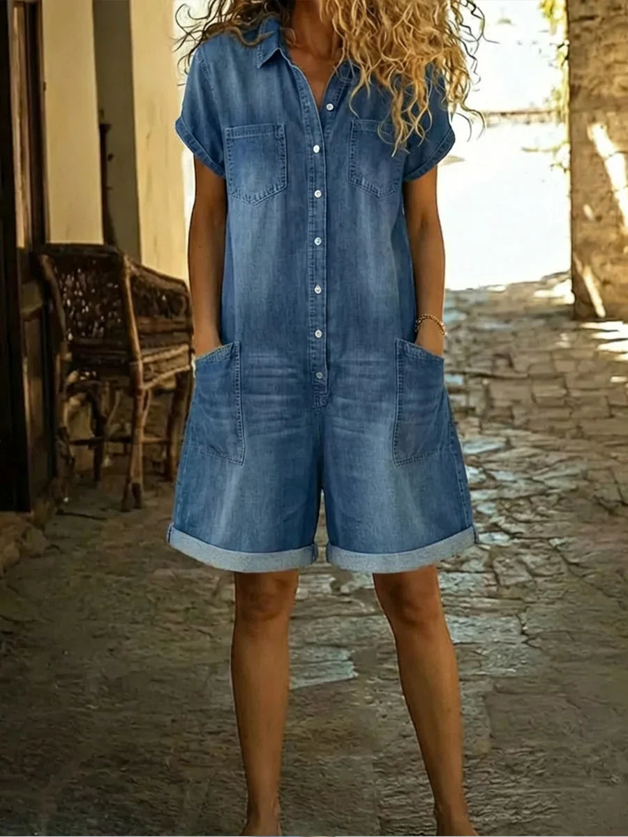 CLAUDIA™ Denim Divino con Cuello y Mangas Cortas