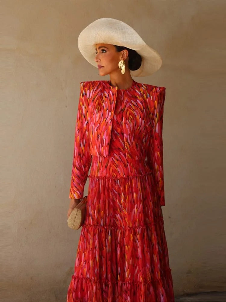 Mariela Conjunto de Vestido Maxi Estampado y Chaqueta