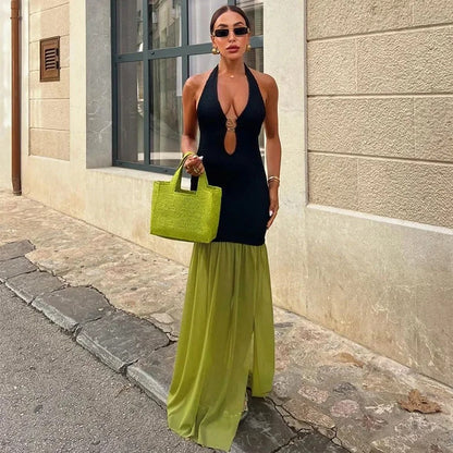 Nerea Vestido Maxi Halter con Detalles en Contraste